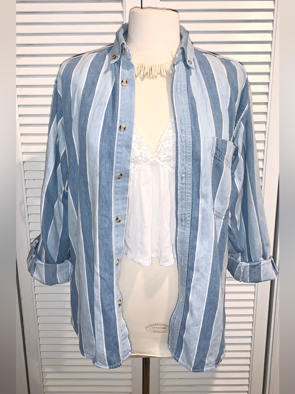 Vintage 90s Double Impact Striped Denim Button Down Shirt Large